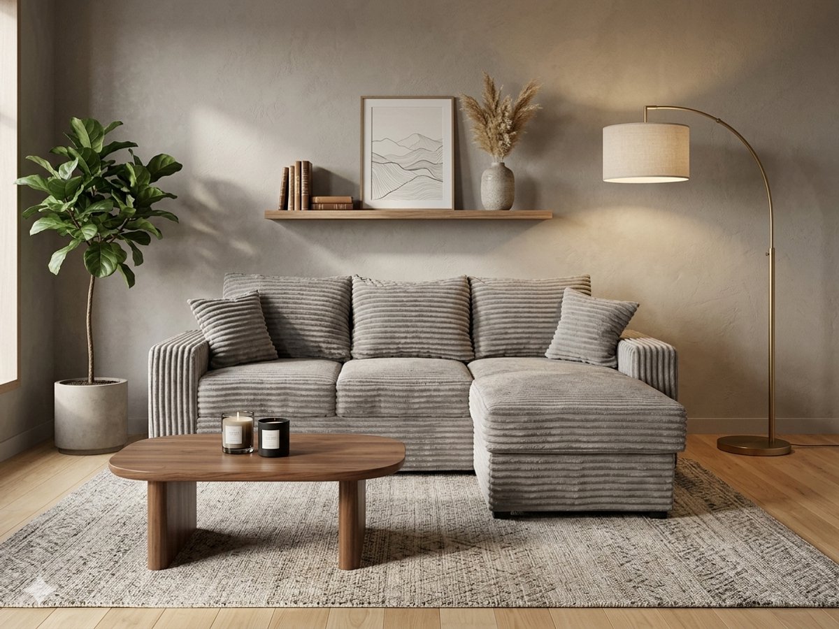 Hoekbank Pepe- lounge Rechts- Ribstof taupe- hoeksalon met bed en opbergruimte