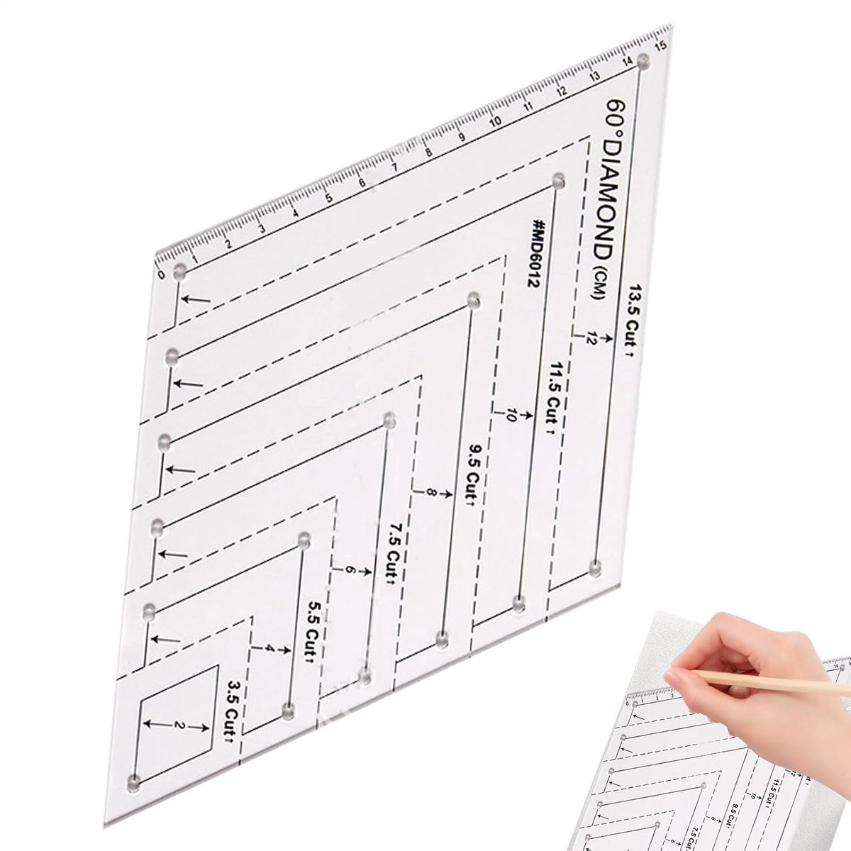 Naaisjabloon Liniaal - Quilt Sjabloon - Handwerk Decoratie - Rombo-nauwkeurigheid 60 graden - 15.5 x 13.5 cm - Transparant