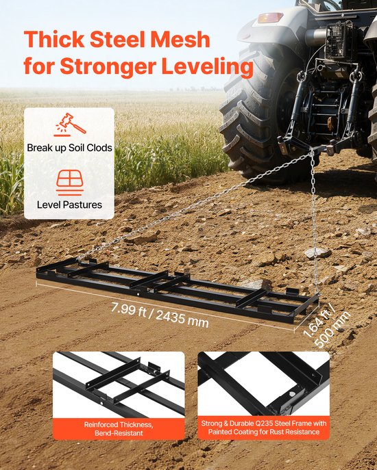 VEVOR Sleepeg 243,5x50 Cm, Weideeg, Weidesleepeg met 183 Cm Ketting, Krachtige Egaliseerhark, Gegalvaniseerde Stalen Veldeg voor Grindpaden, Geschikt voor ATV's, UTV's en Tractoren van Merkloos	 — afbeelding 5