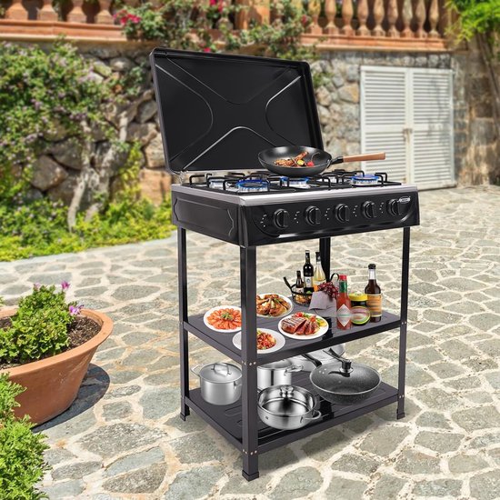 Gasfornuis 5 Pits - Vrijstaand Kooktoestel - Kamperen en Reizen - Met Grillwagen Deksel - 61x42x82 cm - Zwart — afbeelding 4