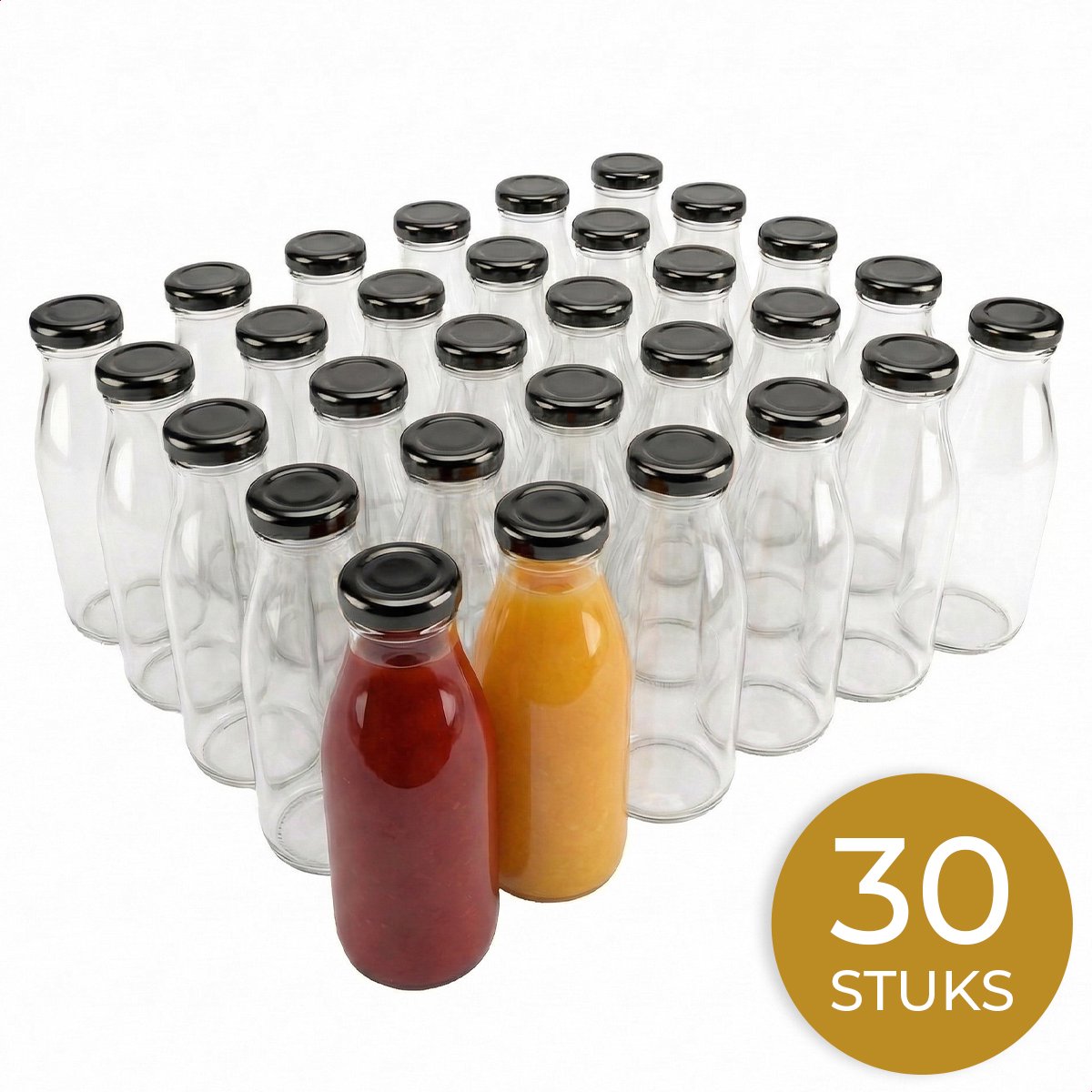 Glasverpakkingen® Sapfles 350ml - 30 Stuks - Glazen Flesjes met Dop - Hervulbaar - Smoothie Fles - Sausfles - Sapflesjes Herbruikbaar - Zwarte Dop