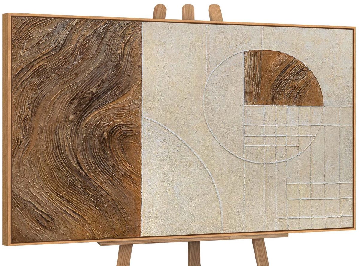 YS Canvas schilderij 120x80 cm handgeschilderd lijnen en cirkels – YS-Art Gallery – Lijst: Hout – Luxe wanddecoratie Wood