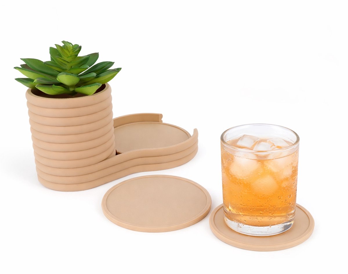 4 Onderzetters met kunstplant in pot-Latte brown