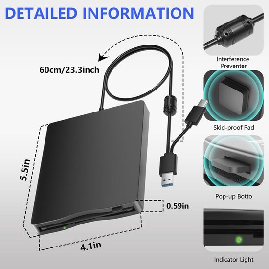 Externe Floppy Drive - 3.5 Inch Lezer - Oude Data Lezen - USB Type-C Connectie - 19x17x4 cm - Zwart — afbeelding 2