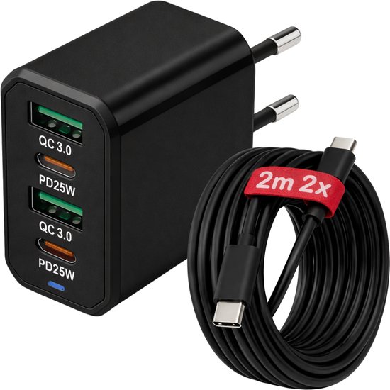USB-C Snellader 50W 4-Poorts – QC 5.0 USB + PD3.0 USB-C – Inclusief 2x 2M USB-C