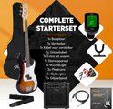 Layout van de Finesse complete basgitaar starterset met alle inbegrepen accessoires.