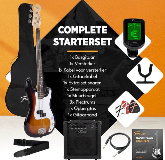 Layout van de Finesse complete basgitaar starterset met alle inbegrepen accessoires.