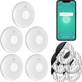 Vijf witte, ronde rook- en CO-melders, met een smartphone die de Tuya app toont.