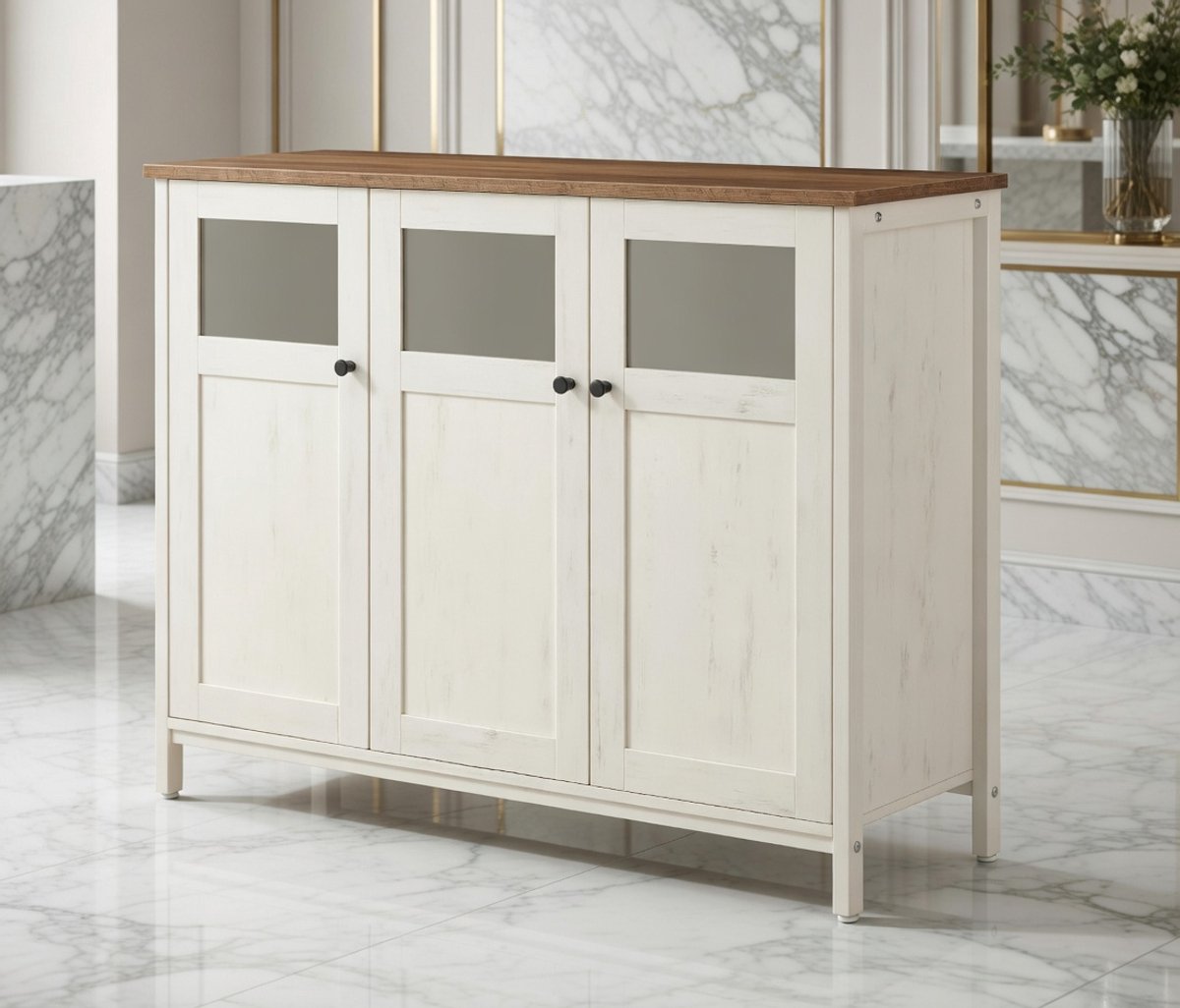 IndustrialGlass Dressoir met Glazen Deuren 100 cm – Novihome – Industriële Keukenkast / Buffetkast / Opbergkast – Honingbruin & Vintage Wit – Vitrinekast met Stalen Frame – Woonkamer, Keuken en Eetkamer – 100 x 75 x 35 cm-NoviHome