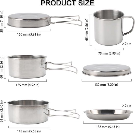 Camping Kookgerei Set met 8 Stuks RVS Pannen en Borden voor Outdoor Activiteiten - Kookgerei - Lichtgewicht - voor kamperen, outdoor, wandelen, picknick, BBQ van Camping — afbeelding 2