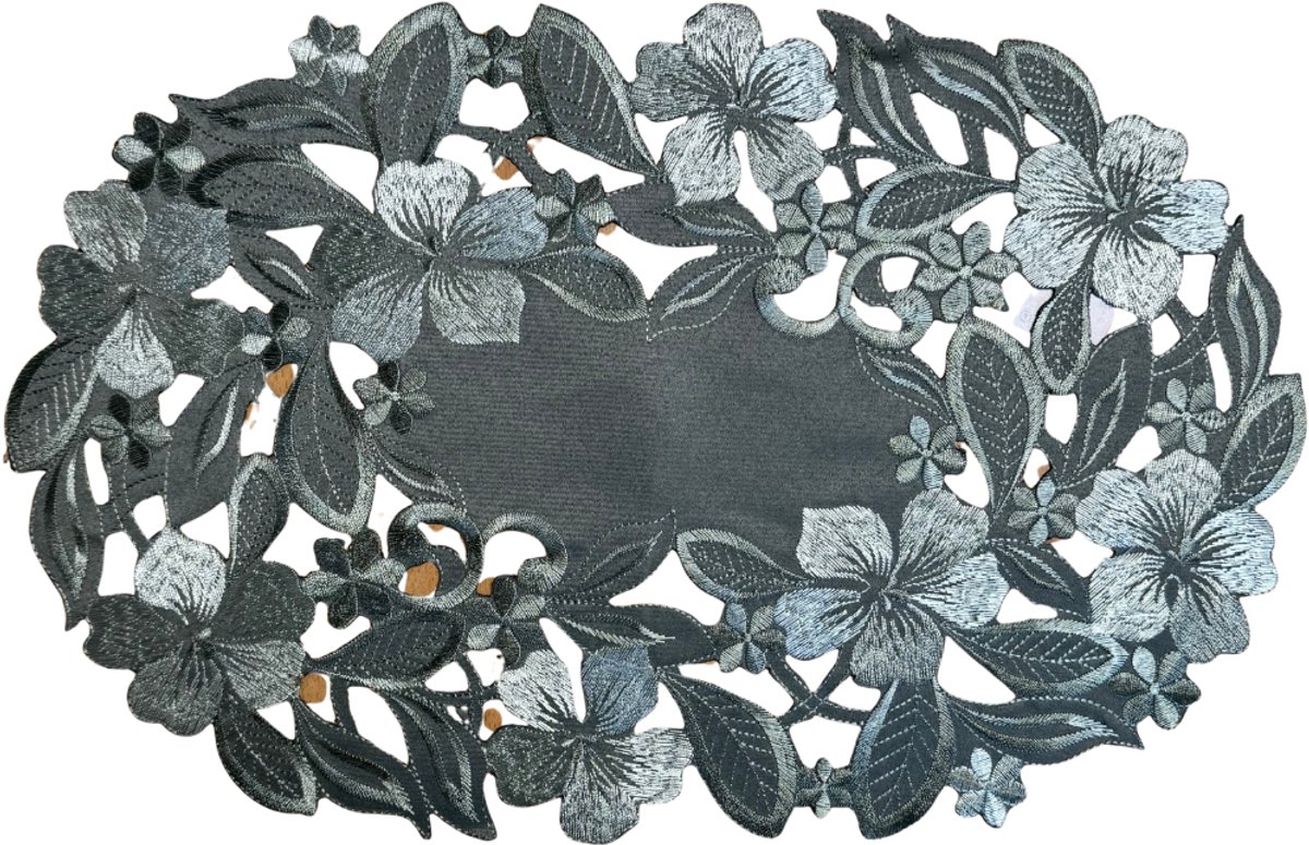 Tafelloper - Olijfgroen met geborduurde bloemen - 30 x 45 cm