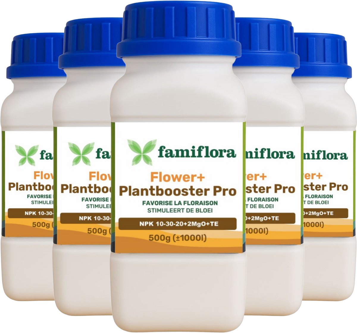 Famiflora Flower+ Plantbooster Pro NPK 10-30-20+2MgO+TE - 2500GR (5 x 500GR) - In water oplosbare meststof - Geschikt voor binnen- en buitenplanten, ook hydrocultuur en aeroponica