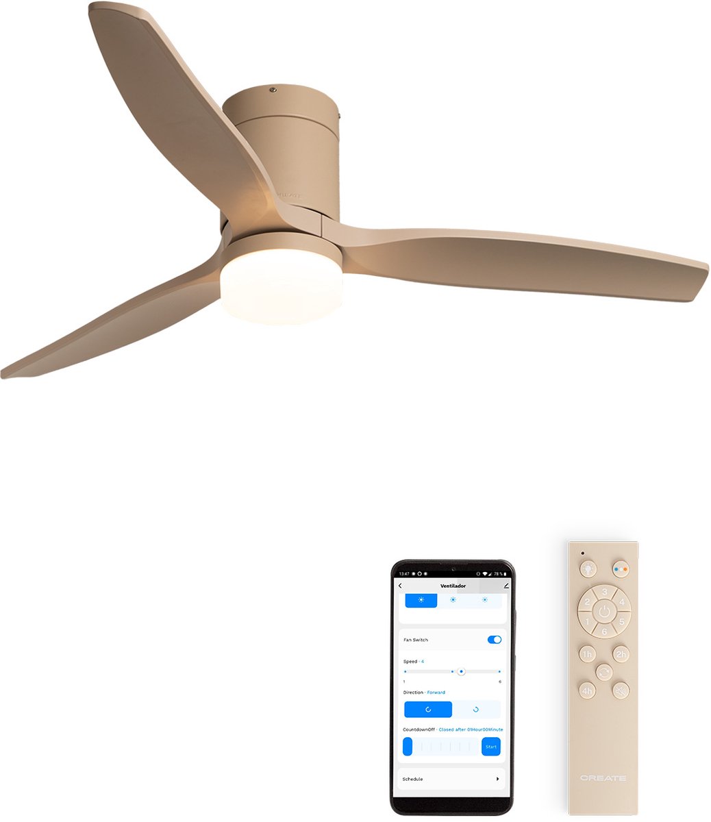 CREATE - Stille 40W plafondventilator met technische ABS bladen in verschillende maten - S - Met licht - WIFI - WIND CALM