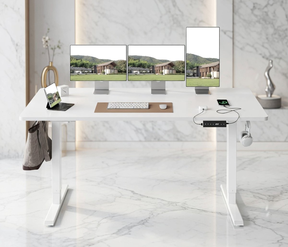Elektrisch Zit-Sta Bureau 140x60 cm met Geheugenfunctie, USB-A & USB-C – Ergonomisch Verstelbaar Bureau 72-118 cm – Modern Wit Thuiswerk Bureau – Stevig Stalen Frame – NoviHome