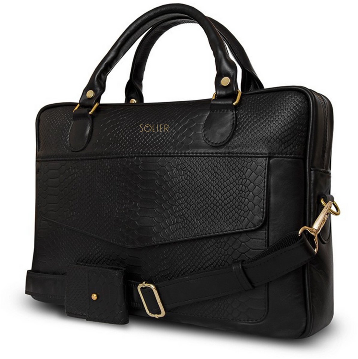 Solier FL25 - Laptoptas Dames - Echt Leer - 15,6 Inch Laptopvak - Schouderriem - Zwart Slangenstructuur
