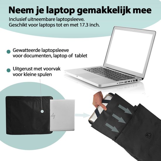 Gewatteerde laptop sleeve in zwarte tas voor documenten, laptop of tablet tot 17.3 inch.