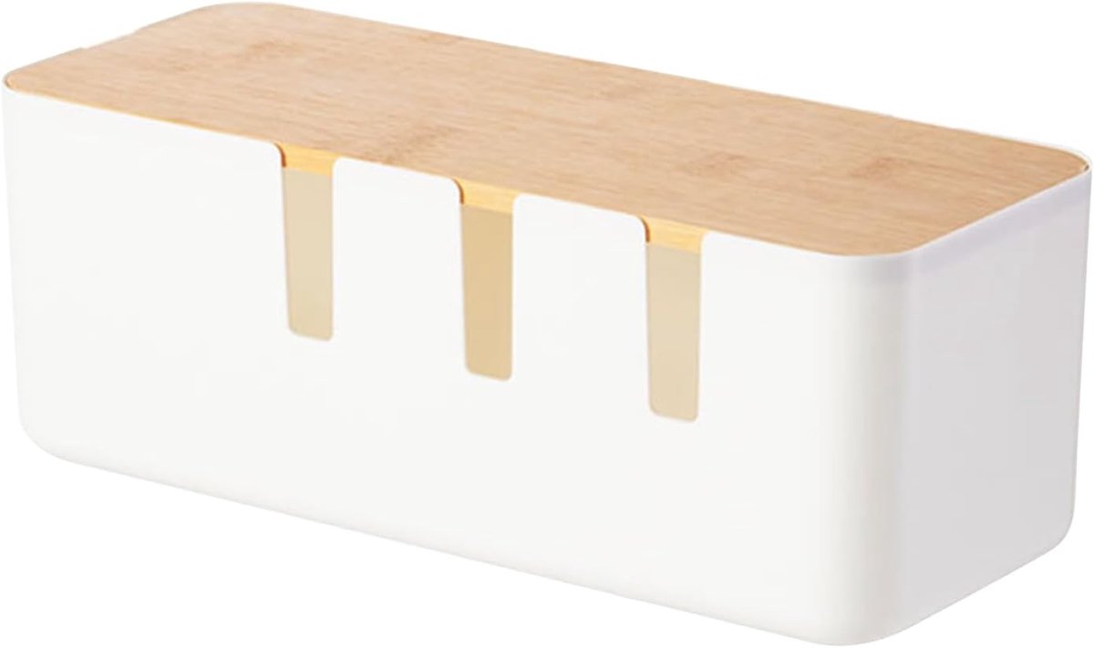 Kabelbeheerdoos - Draad Organizer - Bureau Opruimen - Met Houten Deksel - 30x12x11 cm - Wit