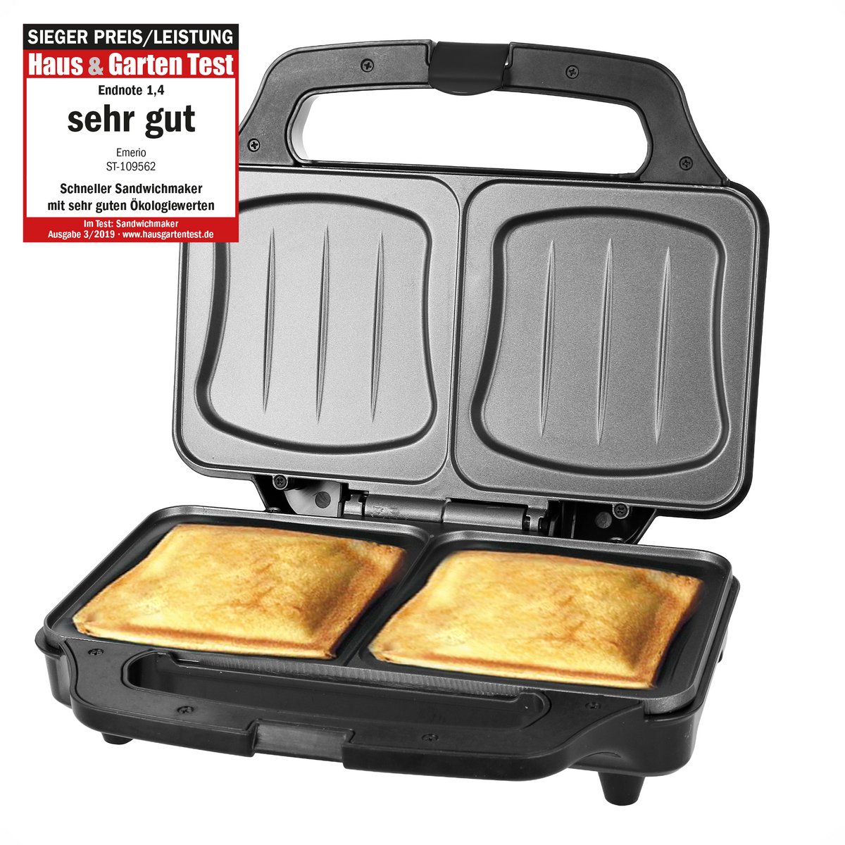 Bol.com Emerio Tosti Apparaat XXL - 2 Tosti's - PFAS-vrij - 900W - Sandwich maker - RVS - Bakplaat - ST-109562.17 - Zwart aanbieding