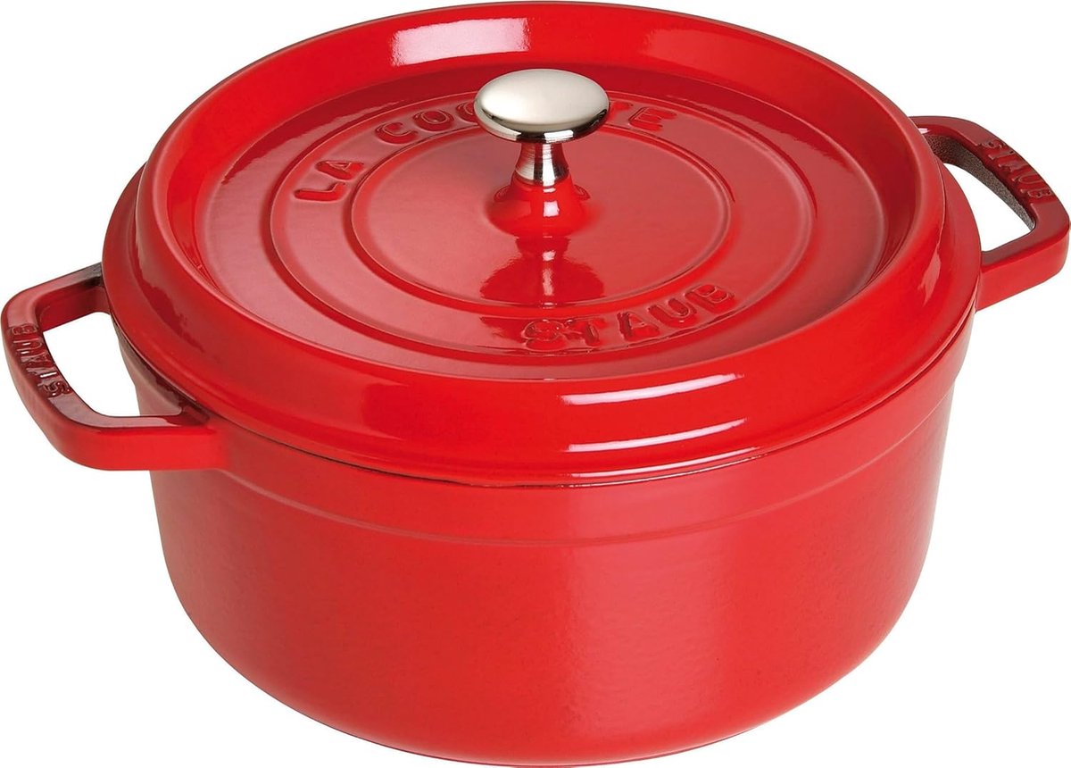 Gietijzeren Braadpan - Cocotte Ovenschaal - Stoofgerechten Bereiden - Aromaregen Druppelstructuur - 24 Cm 3.7 Liter - Kersenrood