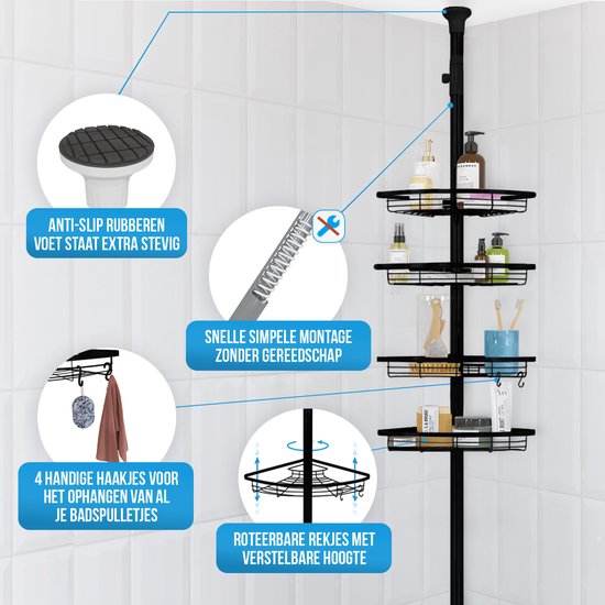 Strex Telescopisch Doucherek Zwart - Verstelbaar 70-275 cm - 4 Mandjes - Robuuste Kwaliteit - Bevestigen zonder Boren of Schroeven - Telescopisch Douche Rek Hoek
