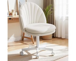 Homeoffice stoel, make-upstoel, bureaustoel zonder armleuningen, draaistoel met rugsteun, comfortabele bureaustoel op wielen, in hoogte verstelbaar, voor thuiskantoor, kunstleer, wit