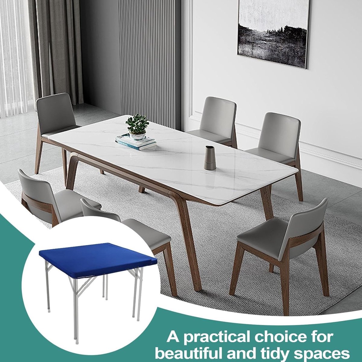 Vierkant Tafelkleed - Tafelhoes Rekbaar - Buiten Dineren - Wasbaar Ontwerp - 86x86cm - Blauw Wit