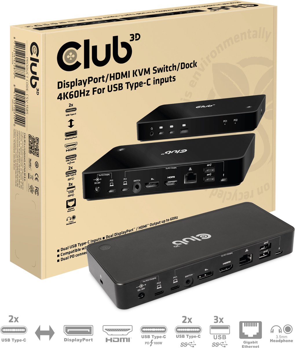 Club 3D DisplayPort/HDMI Dock 4K60Hz dockingstation met KVM-functionaliteit