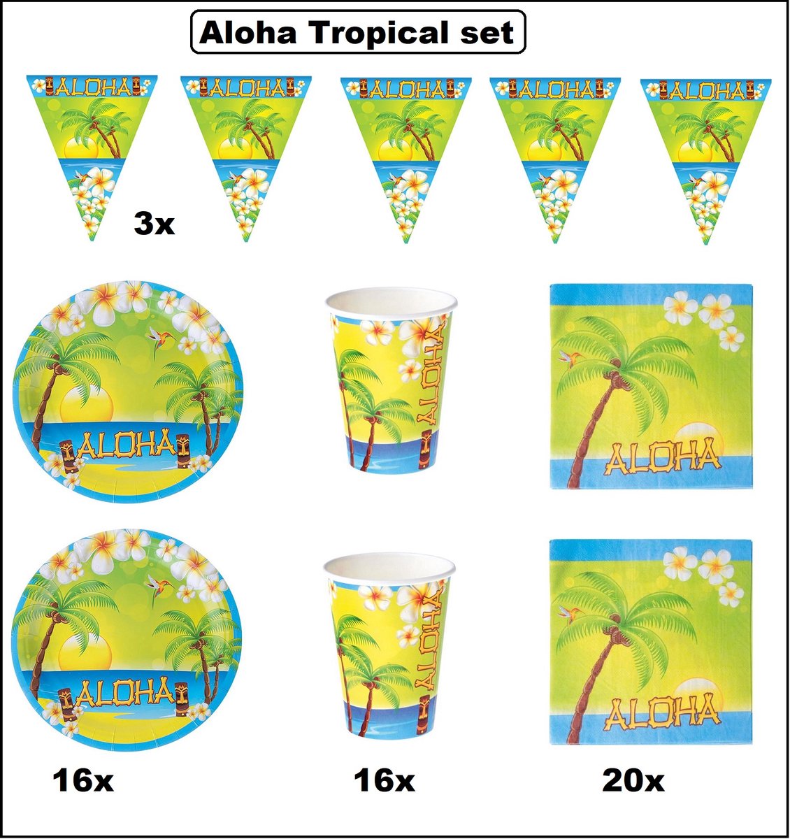 Aloha tropical summer set - 3x Aloha vlaggenlijn 500cm + 16x Aloha Bord 23cm + 16x Aloha beker 180ml + 20x Aloha servet 33cm - Tropisch beach party