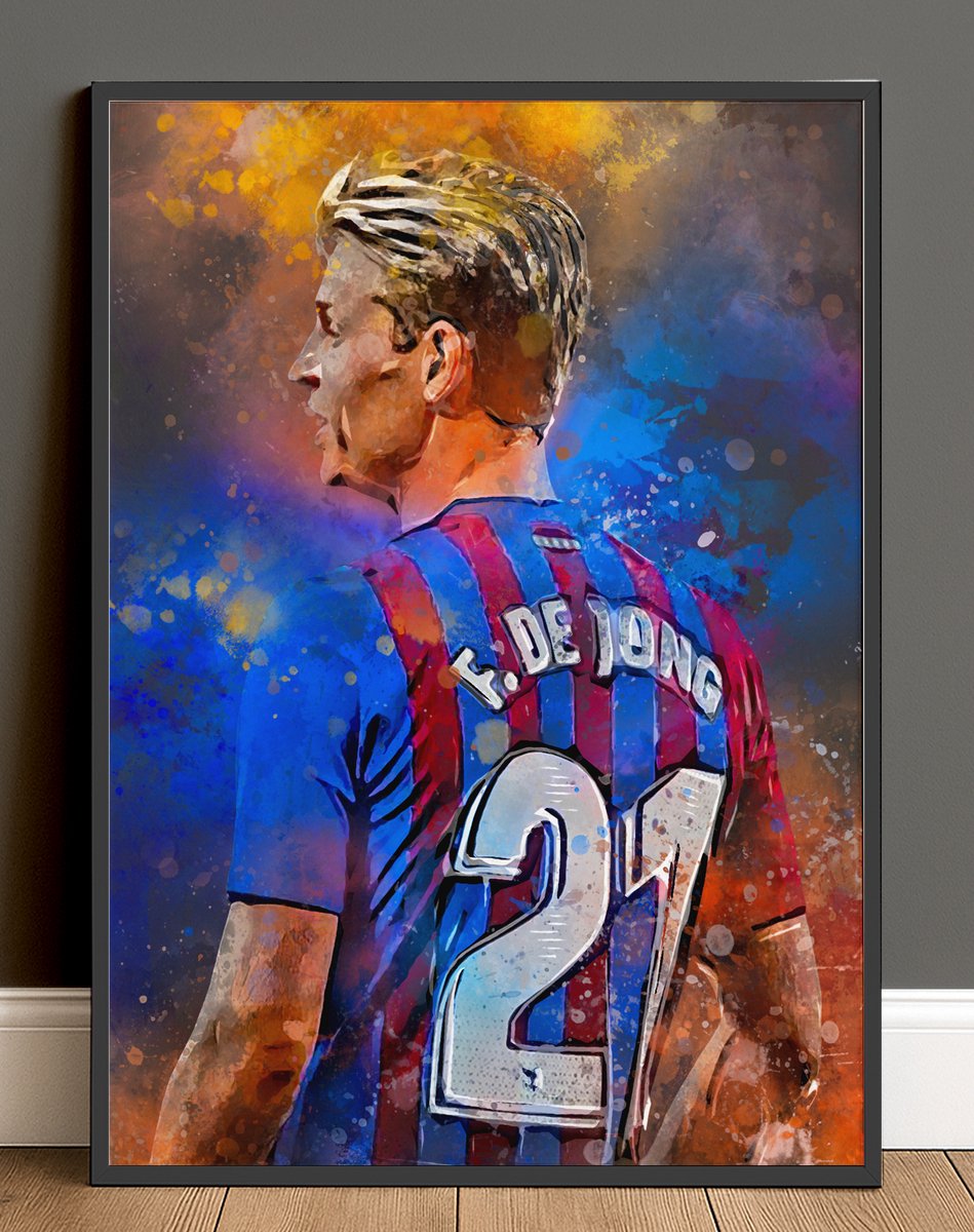 Wallofprints Frenkie de Jong Poster - FC Barcelona - Voetbal Muurdecoratie In Waterverf Stijl - Voetbal Wanddecoratie - A3 Formaat (29,7 x 42 cm) Donkergrijze achtergrondkleur