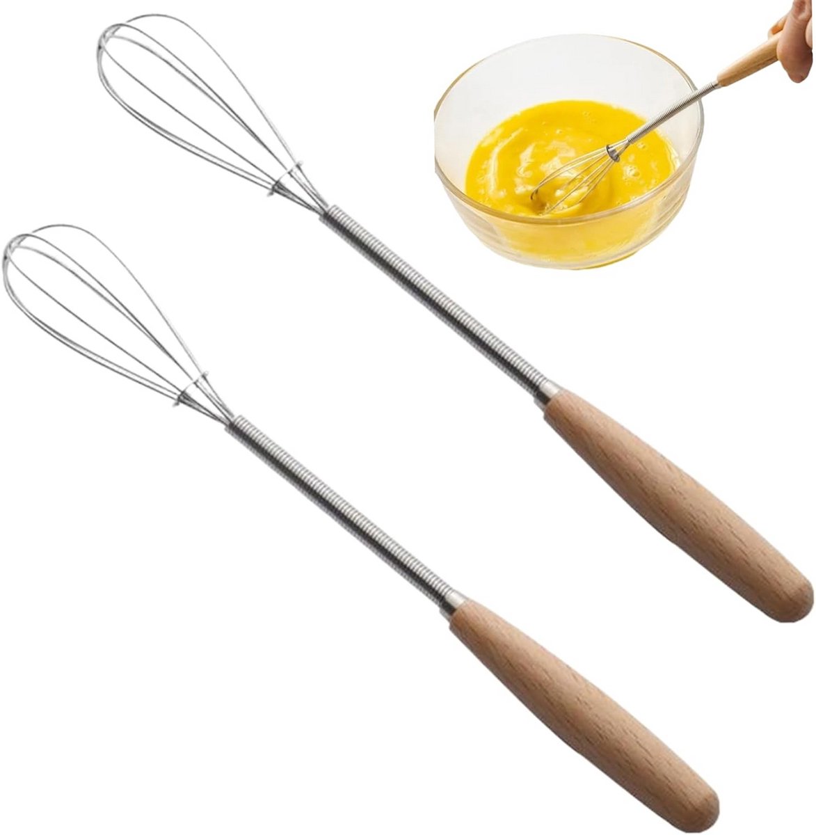 Kleine garde - Mini eierklopper - Snel mixen - Set van 2 stuks - 19.8 cm lengte - Houten handvat