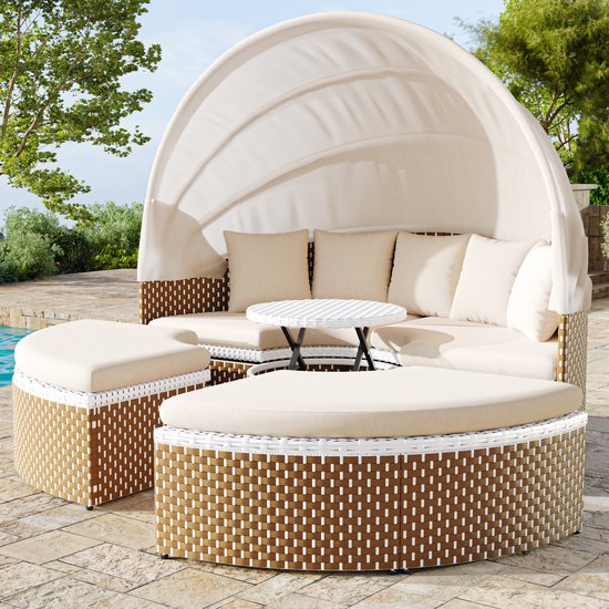 Tuinset met loungestoelen, zonnedek, rotan tuintafel en stoelen, schelpvormige tuinstoel met ligbed, uitschuifbare luifel, opklapbaar tafelblad, beige, inclusief alle kussens en zitkussens.