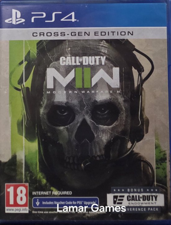 PlayStation 4 speldoos voor Call of Duty: Modern Warfare II, Cross-Gen Editie. Het toont een schedel met headset. "18 INTERNET REQUIRED BONUS"