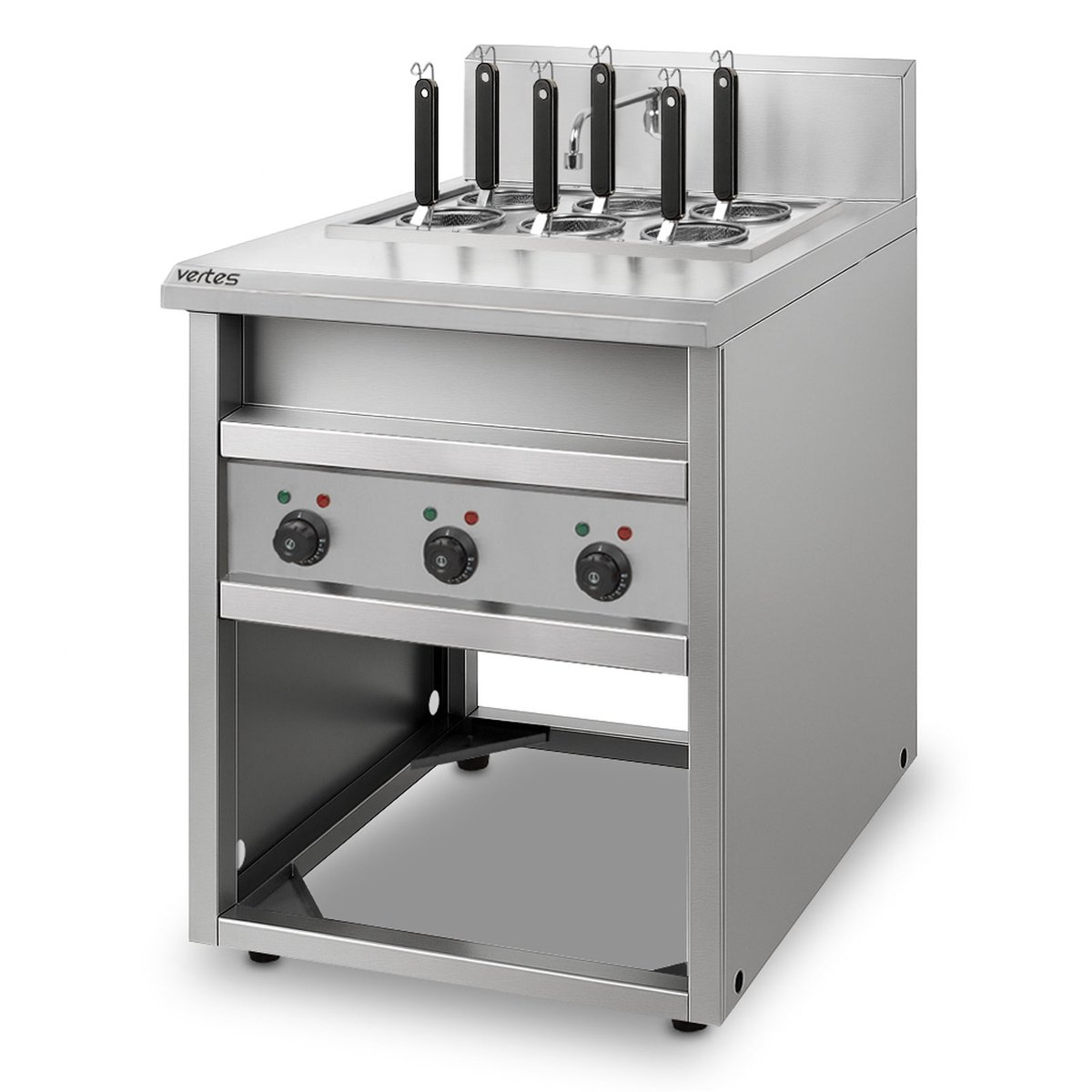 VERTES Gastro pastakoker met onderstel, van roestvrij staal, elektrisch, 3 x 1700 watt, 3 afzonderlijke kookbakken van elk 14 liter, 6 pastamanden, 3 aftapkranen, 3 temperatuurstanden