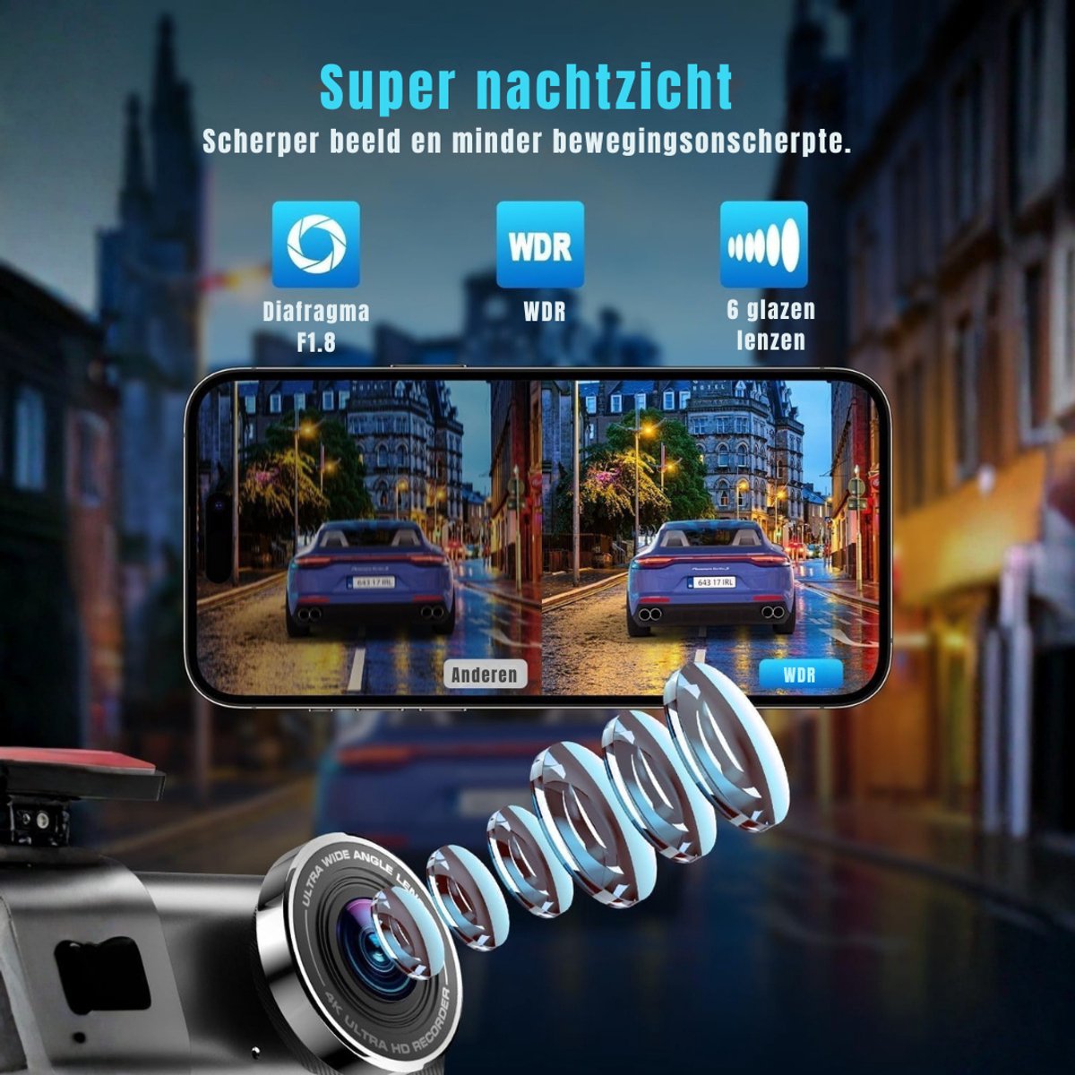 DnA® Dashcam - Dashcam Voor Auto - Dashcams - Dashcam Voor Auto Voor en Achter - Dashcam Draadloos - Zwart - 4cm x 10cm x 5cm – foto 2