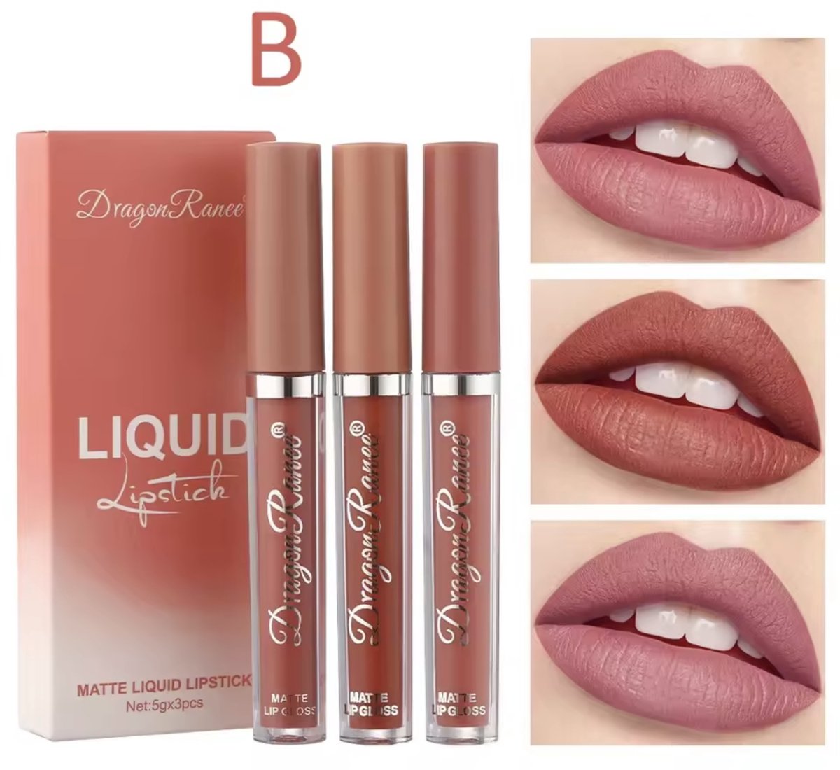 Dragon Ranee Matte Liquid Lipstick – 3 Kleuren Set B – Roze / Mauve Tint – Waterproof Long Lasting Lippenstift – 5 g x3