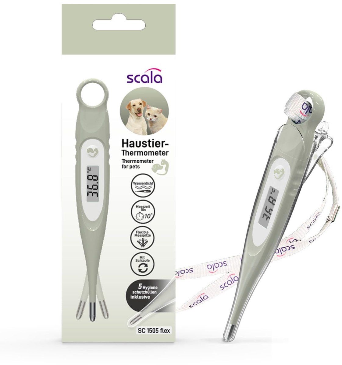 Scala Digitale Dieren thermometer - Koortsthermometer voor Huisdieren - Digitale thermometer Waterproof met flexibele tip voor een snelle meting - Incl. 5 Hygiënebeschermkapjes