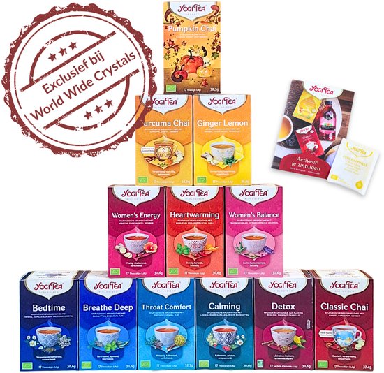 Yogi Tea thee assortment met 12 verschillende smaken, waaronder Pumpkin Chai, Curcuma Chai en Ginger Lemon.