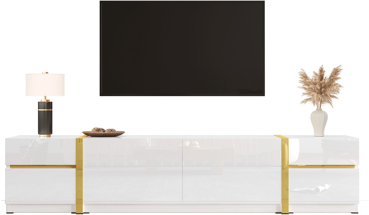 Wishdor Tv-Meubel - Hoogglans Met Goudkleurige Accenten En 4 Laden - Modern - Voor Woonkamer - MDF En Spaanplaat - Wit - 180 x 40 x 38 cm