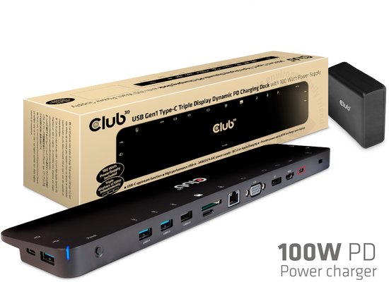 Club 3D Universeel Dockingstation USB Type-C 3.2 Gen 1 met ondersteuning voor drie beeldschermen, dynamisch PD-opladen + 100 W PD-lader