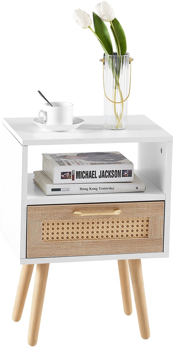 Wishdor Nachtkastje - Met Lade En Rotanfront - Modern - Voor Slaapkamer - MDF - Wit En Naturel Wit + Natuurlijk