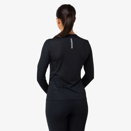 Zwart longsleeve sportshirt voor dames, van achteren gezien.