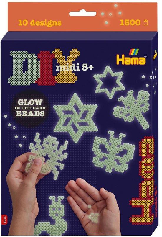 Verpakking Hama midi strijkkralen 5+. 10 ontwerpen, 1500 stuks. Lichtgevend in het donker. Vlinders, sterren, insecten en een konijn.