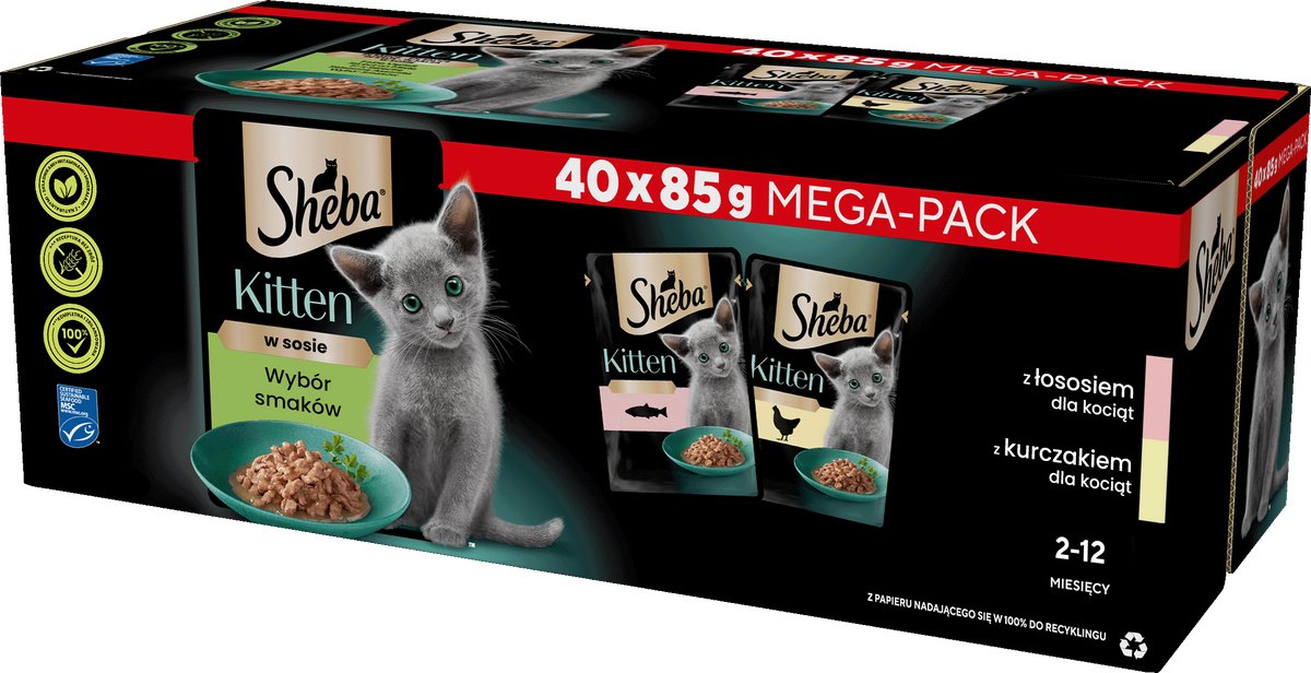 Sheba Sheba Kitten Serie - Natvoer Bewerking - Smaakselectie - Zalm en Kip - 85g per Zak - 40 Stuks