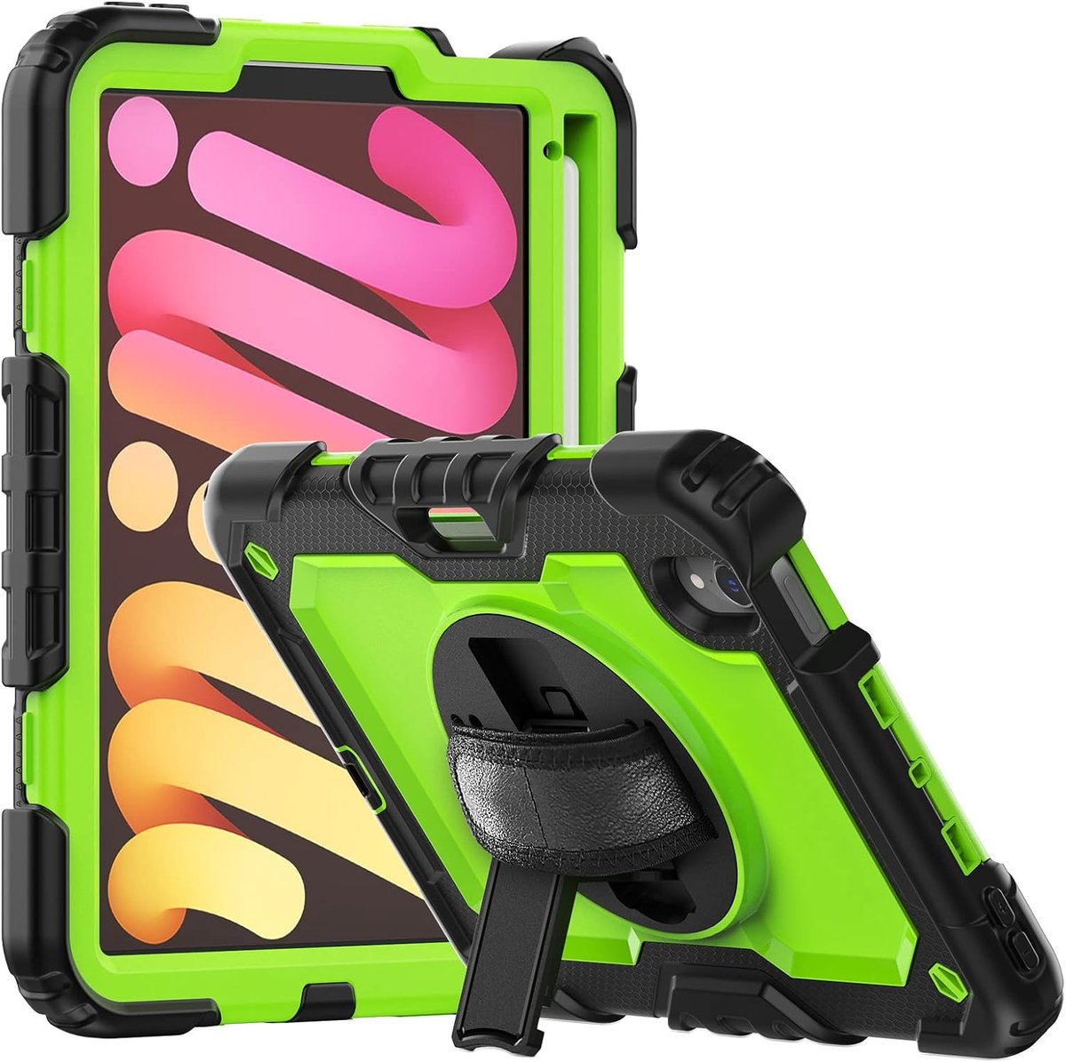 Tablethoes geschikt voor Apple iPad Mini 6 en 7 8.3 inch (2021, 2024) – met penhouder, 360° draaibare handriem en standaard, schokbestendig design - Groen en zwart