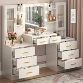 Kaptafel met Spiegel - Make Up Tafel - Met Spiegel en 10 LED Lampen - Met Stopcontacten - USB poort - Type C - 3 Lichtkleuren - 8 Lades en 2 Kasten - 4 Open Opbergplanken - 150L x 135H x 40W cm - Eenvoudige Montage - Voor Slaapkamer Kleedkamer - Wit