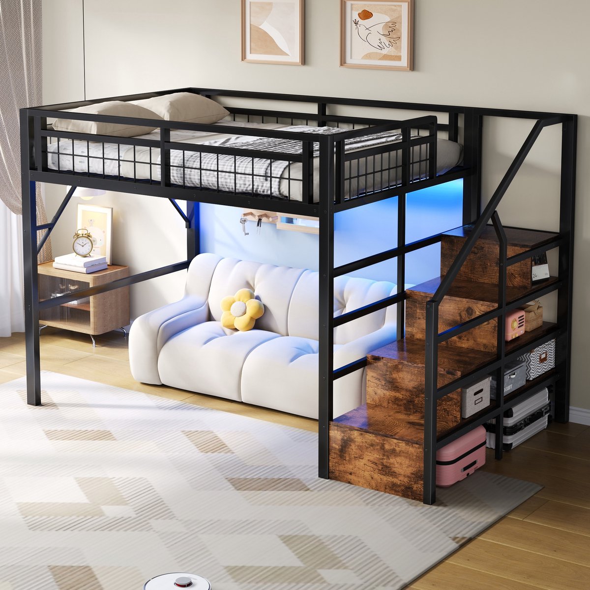 Hoogslaper 140 x 200 cm - met LED-verlichting - trapstructuur met opbergruimte - zonder matras - zwart