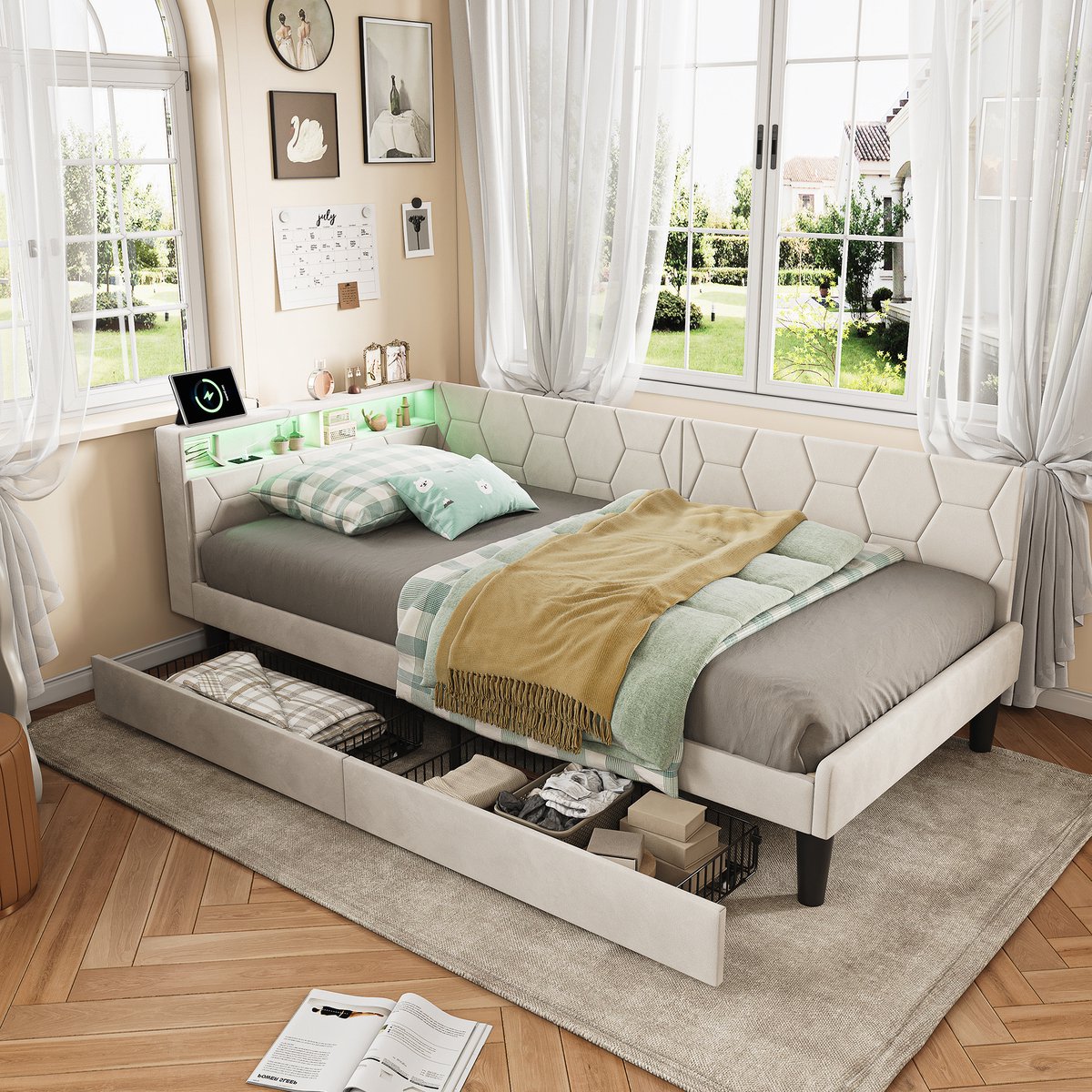 Daybed 140x200 – met Lades – LED & USB-C – Verstelbare Opstelling – Beige