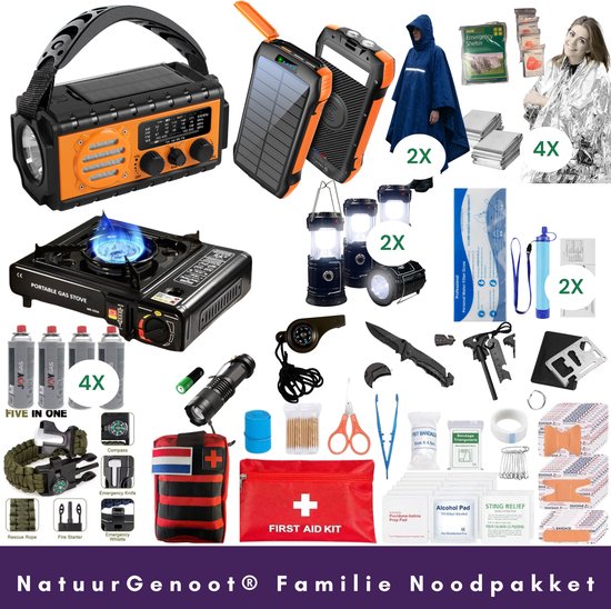 Compleet Gezin Noodpakket 72 Uur - Noodradio 20.000mAh Opwindbaar - Powerbank 10.000mAh Solar- Camping gasstel- Survival kit - Nooddeken - Noodfluitje - Waterfilter- Zaklamp-Lantaarn-Regen poncho- Gasstelletje noodpakket