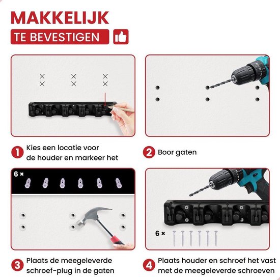 YOZHIQU Wandhouder voor Bezems en Gereedschap - 5 Stelen Bezemhouder met 6 Haken - Geschikt voor Bezem, Dweil en Tuinset - Duurzaam Plastic - Afmetingen 40,7x8,3x6,7cm van Merkloos	 — afbeelding 4