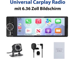 JUNSUN 1DIN FM autoradio -Draadloos Carplay Android Auto - Bluetooth - Achteruitrijcamera & Microfoon - Plag & Play met 6,36" scherm RDS, USB, Stuurwielbediening